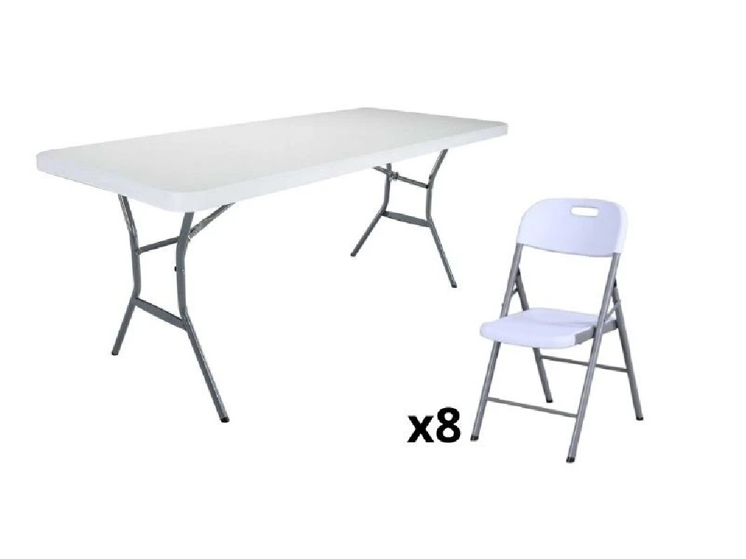 Ensemble 1 table de réception + 8 chaises pliantes