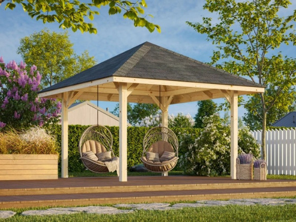 Abri Bianca Classique, 8,3 m², ouvert sur poteaux, dans un jardin